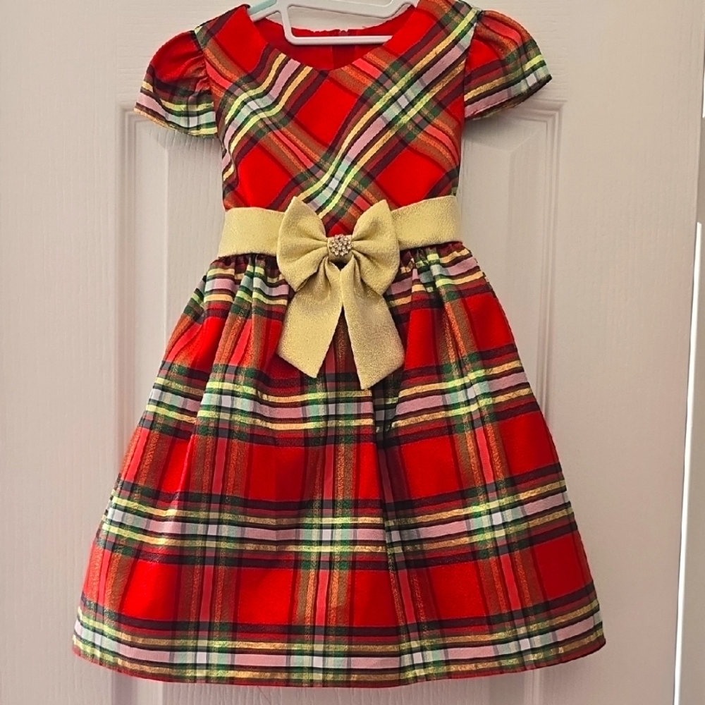 Plaid Red & Green Dress with Gold Bow